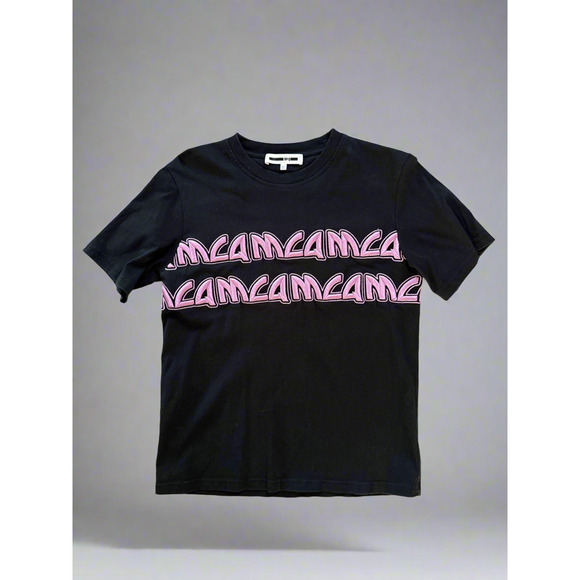 MCQ by Alexander McQueen Double Logo Tee – M – Pink Embroidery on Black - Picture 1 of 5